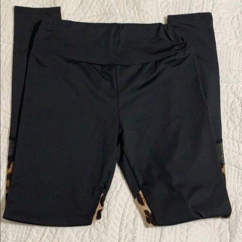 Wila Black Leopard Color Block Mesh Full Length Leggings Small - Picture 6 of 8